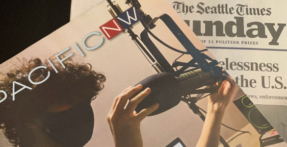 Image of the cover of PNW Magazine about C89.5 with a picture of a student standing in front of a microphone and a mixing board.