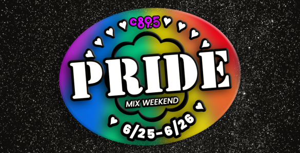 An oval logo rainbow on a starry background with the word "Pride" in the center and "Mix Weekend