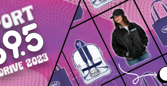 A graphic images with the words Support C89.5 Fall Drive 2023, and an image of a woman in a black baseball jacket with the c89.5 logo on it and also an image of a clear, plastic backpack with the c89.5 logo