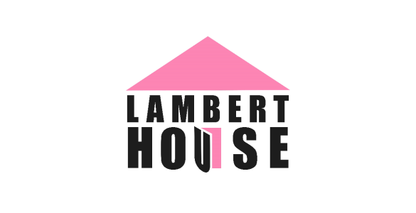 The logo for Lambert House: a pink triangle that looks like a roof on top of black words that say "Lambert House" with the "U" open like a door.