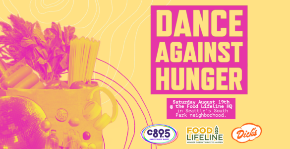 A yellow background with pink images of a bag of groceries, a disco ball and the words "Dance Against Hunger, August 19th, 2023" with the logos for c895, Foodlife Line and Dicks Drive In