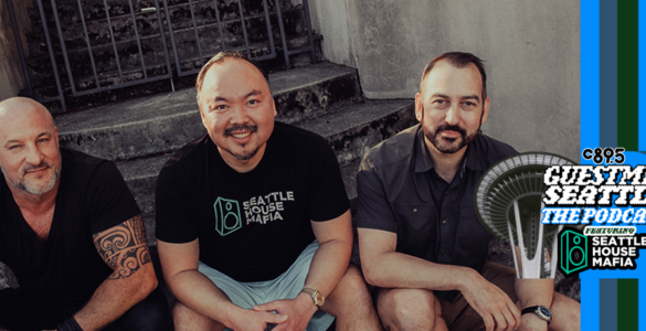 An image of three men sitting on stairs, smiling at the camera with the words "Guest Mix Seattle: The Podcast - featuring Seattle House Mafia"