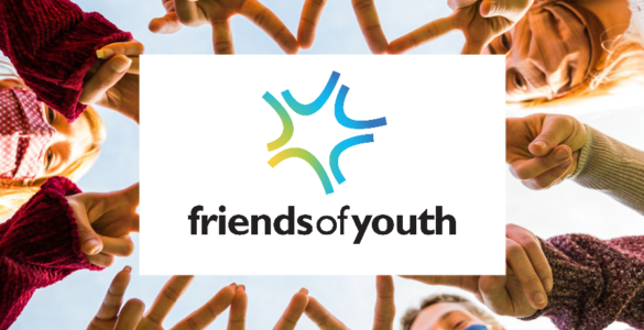 The blue and yellow for "Friends of Youth" with photos of young people making a large star with their hands