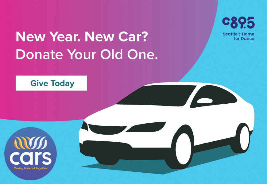 A white car against a pink and blue background with the words. "New Year. New Car? Donate your old one today!"