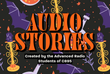 The word "Audio Stories" with a bat and chemistry vials