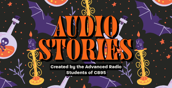 The word "Audio Stories" with a bat and chemistry vials