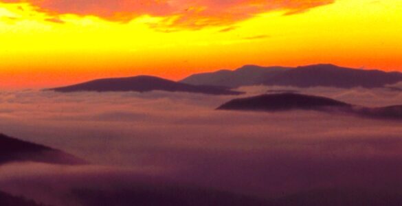 A pre-sunrise landscape, with mountaintops in view. There is a valley below that you can not see, as it is covered with fog, so it appears that the photo is taken above the clouds. The mountain tops are dark, and the background sky is illuminated by the forthcoming sun, with yellow and orange hues.