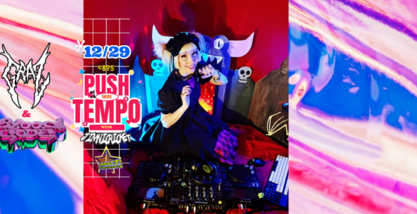 A colorful background with the words "Push The Tempo with Jimni Cricket, Friday 10-midnight" with logos for DJs GRAZ and Bloodcode