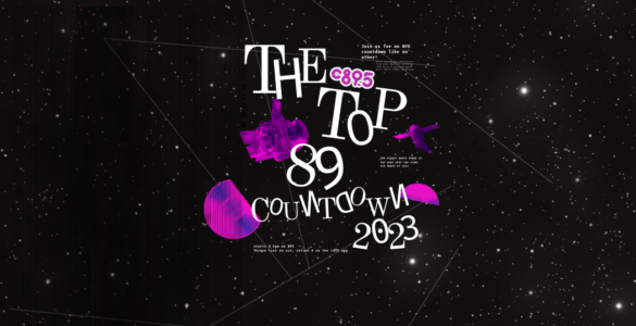 A black and white background of space with the "Top 89 Countdown 2023" with astronauts and CDs