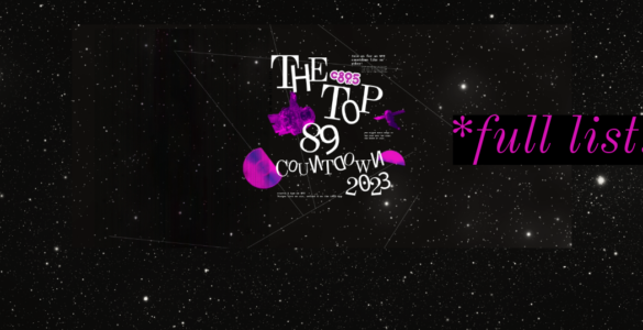 A black and white background of space with the "Top 89 Countdown 2023" with astronauts and CDs