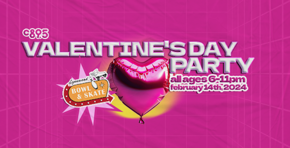 A pink background with the words "Valentine's Day Party, all ages, 6-11pm, february 14th, 2024"