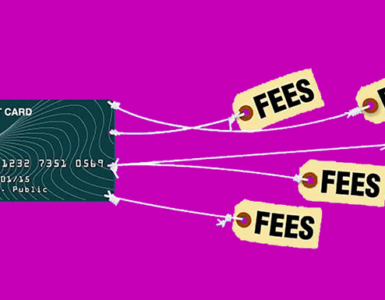 A graphic image of a credit card to which 4 strings and price tags are attached, except, instead of a price on the tags is the word "FEES"