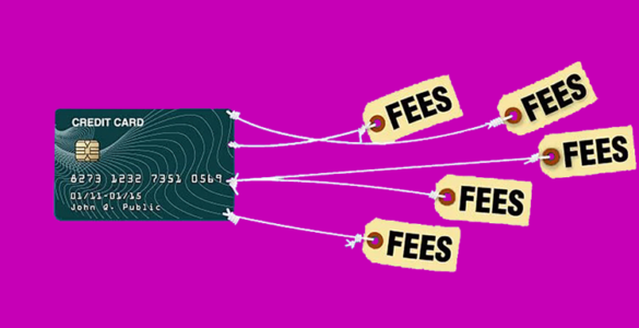 A graphic image of a credit card to which 4 strings and price tags are attached, except, instead of a price on the tags is the word "FEES"