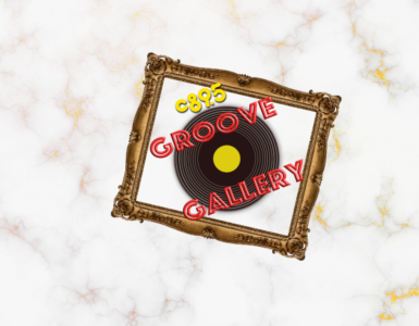 An ornate golden frame displaying the logo 'Groove Gallery,' styled as a black vinyl record with a yellow center, set against a marble background.