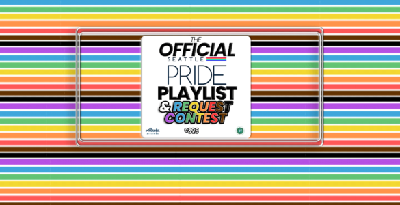 Multicolored horizontal stripes background featuring a central white square with text that reads "The Official Seattle Pride Playlist & Request Contest" with logos of Amazon Music and Seattle Pride visible.