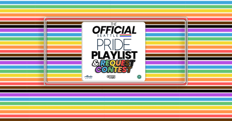 Multicolored horizontal stripes background featuring a central white square with text that reads "The Official Seattle Pride Playlist & Request Contest" with logos of Amazon Music and Seattle Pride visible.