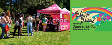 Community members gather at an outdoor event at Volunteer Park featuring tents from c895 Seattle Homes for Dance, with a bright banner announcing "Pride Park" for a June 1st event from 12-7 pm.