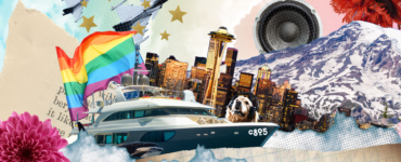 Collage featuring a variety of elements, including the Space Needle, a rainbow flag, Mount Rainier, a luxury yacht, a leaping dog, military jets, and a bright flower, all set against a backdrop of vibrant, multi-textured layers.
