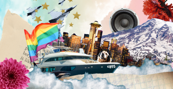 Collage featuring a variety of elements, including the Space Needle, a rainbow flag, Mount Rainier, a luxury yacht, a leaping dog, military jets, and a bright flower, all set against a backdrop of vibrant, multi-textured layers.