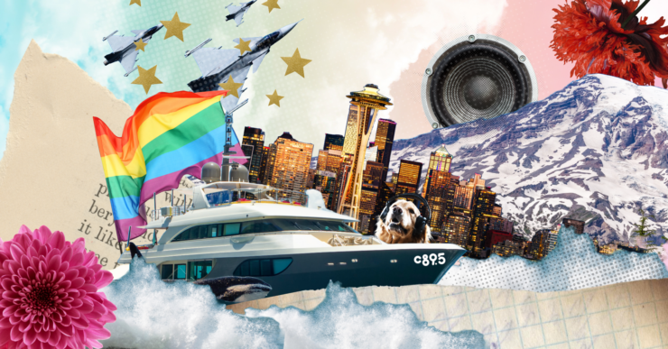 Collage featuring a variety of elements, including the Space Needle, a rainbow flag, Mount Rainier, a luxury yacht, a leaping dog, military jets, and a bright flower, all set against a backdrop of vibrant, multi-textured layers.