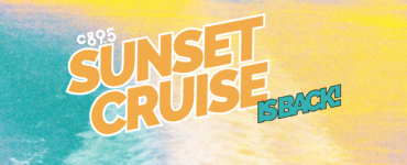 Colorful graphic featuring the text "c89.5 SUNSET CRUISE IS BACK!" overlaid on an abstract, vibrant background suggestive of a sunset over water.