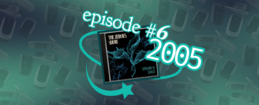 Promotional graphic for "The Zeroes Show," episode number 6 focused on the year 2005, featuring a digital tablet displaying a lightning bolt graphic, surrounded by a stylized backdrop of numerous floating cars in shades of blue and green. The text "episode #6" and "2005" are prominently displayed in aqua.