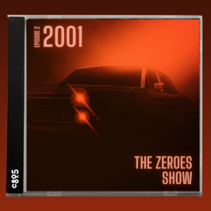 An image of a classic car tinted black and orange with the words "2001 - The Zeroes Show"