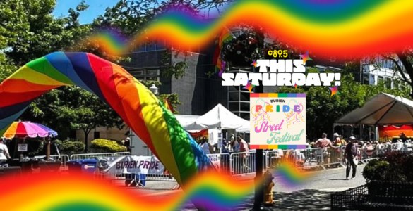 Image features a vibrant scene at the Burien Pride Street Festival with attendees, colorful decorations and stalls under a sunny sky, accentuated by a rainbow graphic overlay with event details and the words 'This Saturday!'.