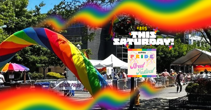 Image features a vibrant scene at the Burien Pride Street Festival with attendees, colorful decorations and stalls under a sunny sky, accentuated by a rainbow graphic overlay with event details and the words 'This Saturday!'.