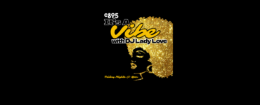 Promotional graphic for C895 radio show, "It's A Vibe with DJ Lady Love," featuring a stylized golden silhouette of a person's profile against a black background with sparkles.