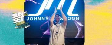 DJ performing at an event, standing behind a turntable with raised arms, smiling. Large logo "JM" and text "Johnny Moon" displayed on a screen in the background. In the upper left corner, graphics with text "SUN SET CRUISE" Bright, colorful lighting enhances the festive atmosphere.