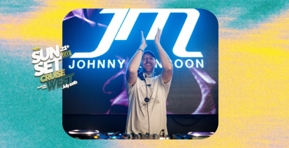 DJ performing at an event, standing behind a turntable with raised arms, smiling. Large logo "JM" and text "Johnny Moon" displayed on a screen in the background. In the upper left corner, graphics with text "SUN SET CRUISE" Bright, colorful lighting enhances the festive atmosphere.