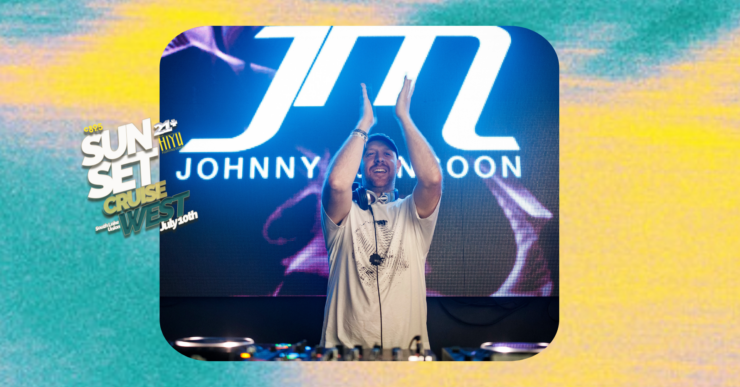 DJ performing at an event, standing behind a turntable with raised arms, smiling. Large logo "JM" and text "Johnny Moon" displayed on a screen in the background. In the upper left corner, graphics with text "SUN SET CRUISE" Bright, colorful lighting enhances the festive atmosphere.