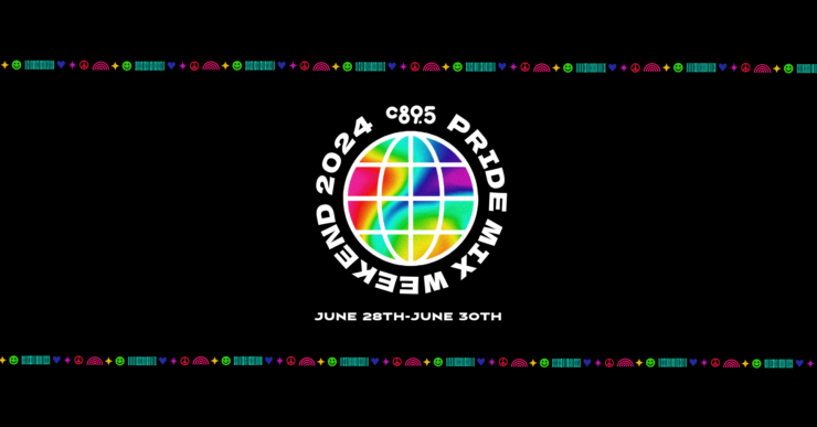 Logo of "C895 Pride Weekend 2024" featuring a colorful grid within a circle, text "JUNE 28TH-JUNE 30TH" below, set against a black background.