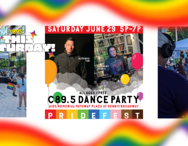 The image features a collage of three panels promoting various events. From left to right: the first panel shows individuals with rollerskates dancing outdoors with a banner saying "This Sunday C89.5" in bright colors. The middle panel advertises an event with the text "Saturday June 29 5P-7P, C89.5 Dance Party, All Ages / Free, AIDS Memorial Pathway Plaza at Denny/Broadway, PRIDEFEST" featuring photos of two DJs, DJ Lightray and DJ Alfonso. The right panel displays a crowd of spectators at an outdoor festival. Colorful rainbows frame the entire image, emphasizing a vibrant and celebratory atmosphere.