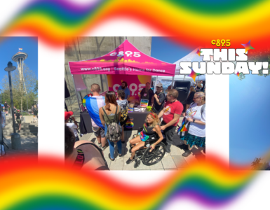The image features a collage of three panels promoting various events. From left to right: the first panel shows individuals with rollerskates dancing outdoors with a banner saying "This Sunday C89.5" in bright colors. The middle panel advertises an event with the text "Saturday June 29 5P-7P, C89.5 Dance Party, All Ages / Free, AIDS Memorial Pathway Plaza at Denny/Broadway, PRIDEFEST" featuring photos of two DJs, DJ Lightray and DJ Alfonso. The right panel displays a crowd of spectators at an outdoor festival. Colorful rainbows frame the entire image, emphasizing a vibrant and celebratory atmosphere.