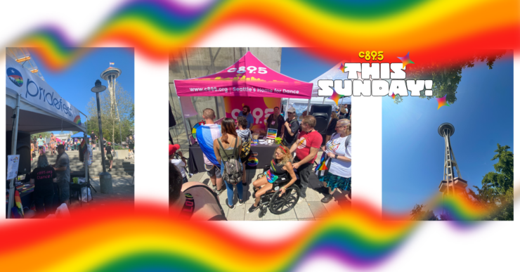 The image features a collage of three panels promoting various events. From left to right: the first panel shows individuals with rollerskates dancing outdoors with a banner saying "This Sunday C89.5" in bright colors. The middle panel advertises an event with the text "Saturday June 29 5P-7P, C89.5 Dance Party, All Ages / Free, AIDS Memorial Pathway Plaza at Denny/Broadway, PRIDEFEST" featuring photos of two DJs, DJ Lightray and DJ Alfonso. The right panel displays a crowd of spectators at an outdoor festival. Colorful rainbows frame the entire image, emphasizing a vibrant and celebratory atmosphere.