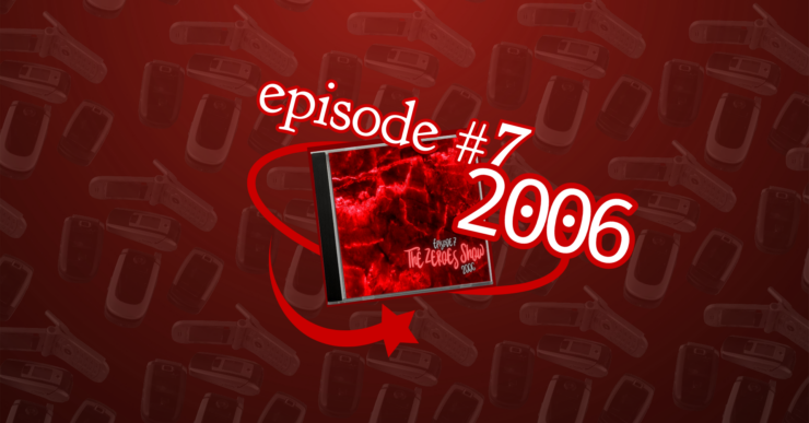 A vibrant graphic featuring the number “2006” in large white digits on a red background with a stylized texture of photographic film reels. On the left side, a smaller box is superimposed containing a red-filtered image of a chaotic scene with the text "episode #7 and an arrow pointing towards the number 2006.