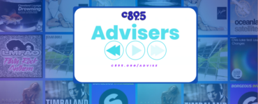 Banner image featuring the logo and title 'Advisers' for C895, with a web address below the title. The background is a collage of various musical artists and promotional graphics related to the radio station.