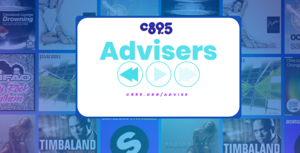 Banner image featuring the logo and title 'Advisers' for C895, with a web address below the title. The background is a collage of various musical artists and promotional graphics related to the radio station.