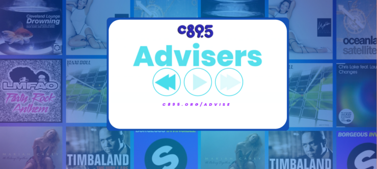 Banner image featuring the logo and title 'Advisers' for C895, with a web address below the title. The background is a collage of various musical artists and promotional graphics related to the radio station.