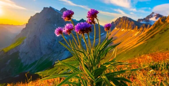 Flowering plant in foreground with a steep, mountainous slope in the background. Blue sky with white clouds.