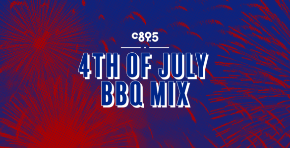 Text "C895 4th of July BBQ Mix" over a blue background with red firework bursts.