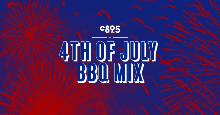 Text "C895 4th of July BBQ Mix" over a blue background with red firework bursts.