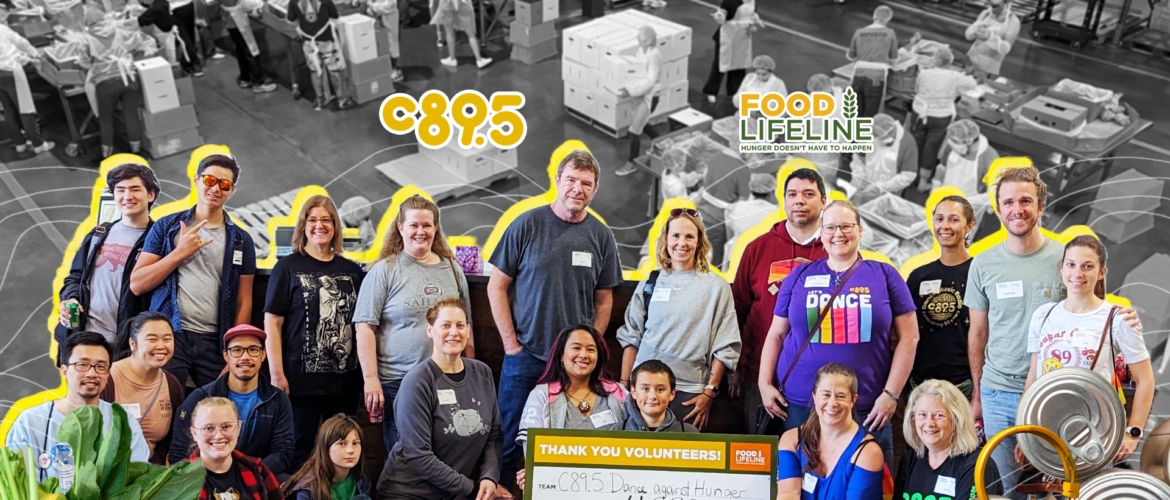 Group of volunteers at Food Lifeline, smiling and posing in a warehouse setting surrounded by boxes and canned goods, with a banner displaying gratitude and statistics about volunteer efforts.