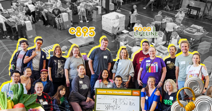 Group of volunteers at Food Lifeline, smiling and posing in a warehouse setting surrounded by boxes and canned goods, with a banner displaying gratitude and statistics about volunteer efforts.