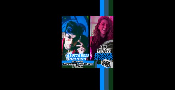Promotional flyer for a DJ event featuring two artists, alottabees and Mia Maya at Krem Werk. The flyer shows two separate images: the first artist wearing glasses with a blue neon background, and the second artist smiling broadly under pink neon lighting. Event details include a guest mix by Summer Sessions on Saturday, July 13th from 7-10 PM.