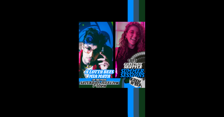 Promotional flyer for a DJ event featuring two artists, alottabees and Mia Maya at Krem Werk. The flyer shows two separate images: the first artist wearing glasses with a blue neon background, and the second artist smiling broadly under pink neon lighting. Event details include a guest mix by Summer Sessions on Saturday, July 13th from 7-10 PM.