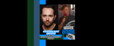 Promotional poster featuring two sections split by a vertical black band. On the left, a headshot of a man with short hair and beard, labeled "Grayson Rose." On the right, another man wearing a chef’s outfit and holding a wine glass, labeled "Kryspin." Below, text announces "GuestMix Seattle at Kremwerk" below that include "The image background incorporates dark and light blue textures aligning with the event theme.