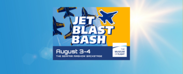 Promotional banner for "Jet Blast Bash", happening on August 3-4. The event is described as "The Seafair Airshow Backstage" and is presented by the Museum of Flight. The design features multiple blue and yellow fighter jets soaring across a bright, sunlit sky background.